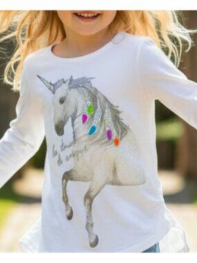 Girls XL Hanes Long-Sleeve White T-Shirt With Unicorn Graphic & Glitter Accents
